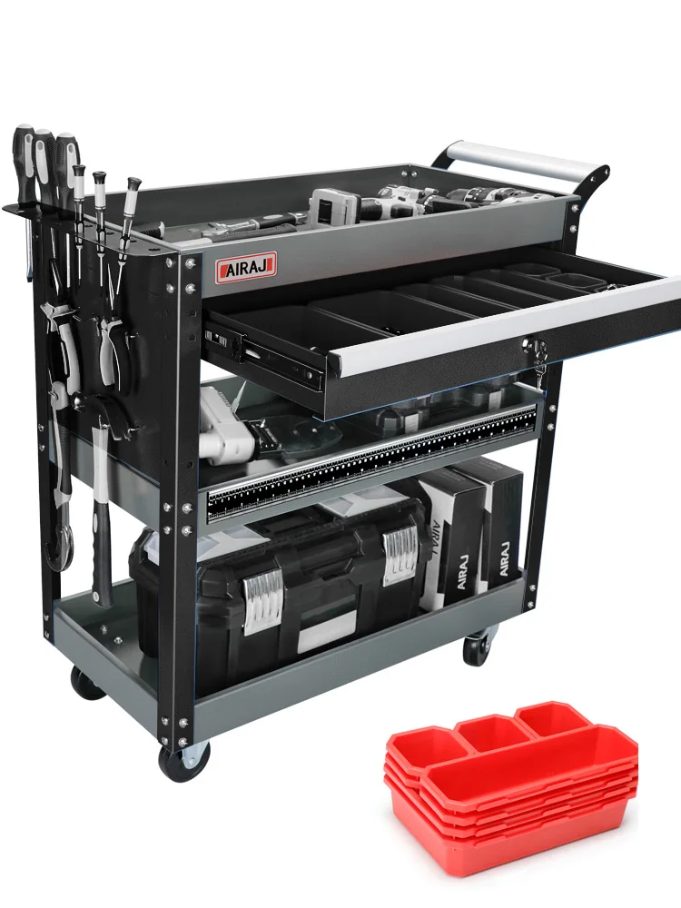AIRAJ-Chariot à Outils Mécaniques Roulants à 3 Niveaux, Rangement à Roues avec Tiroirs et Compartiments Rouges, pour l'Entrepôt Domestique