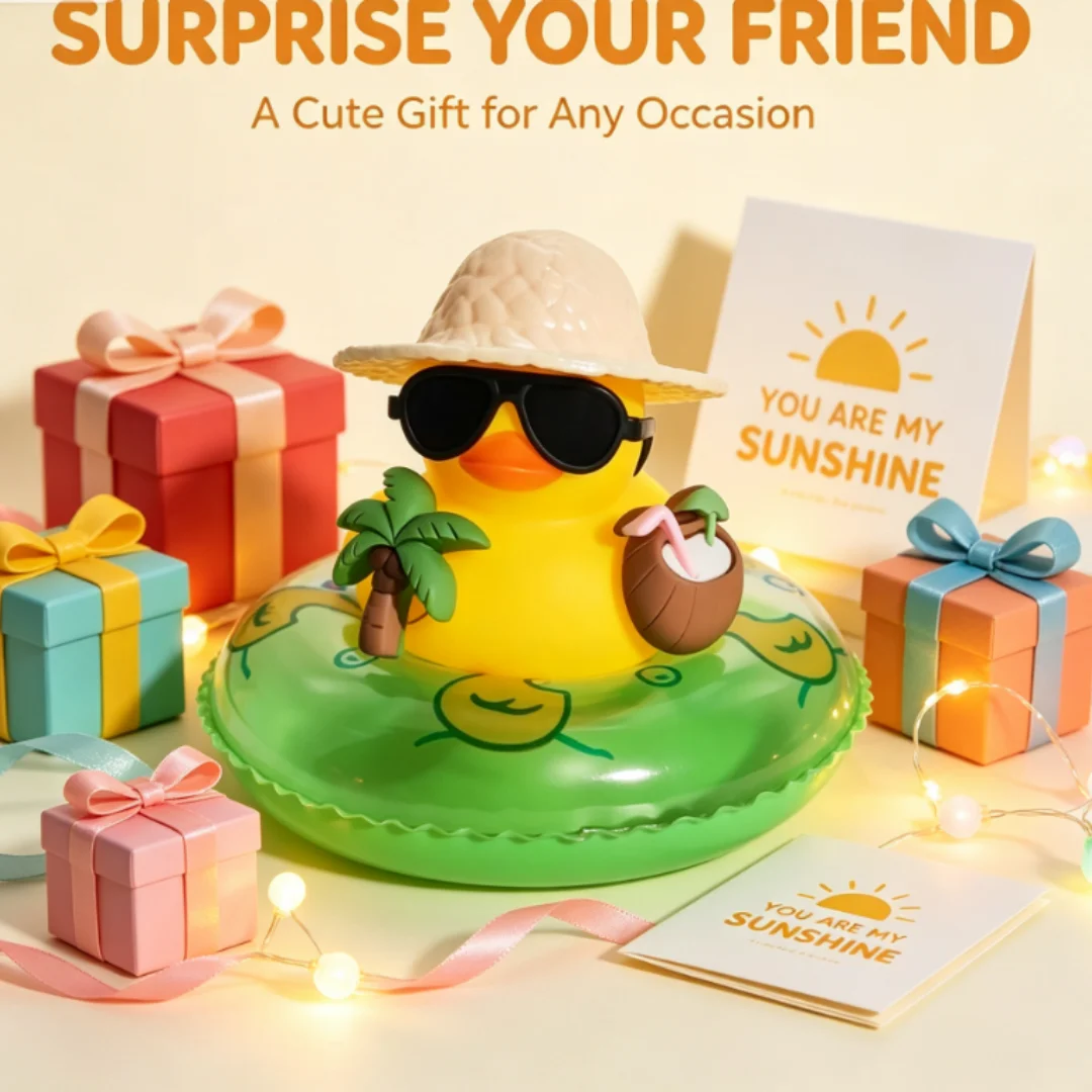 Adornos de pato de goma para coche, pato chirriante para salpicadero, juguete de baño para bebé con sombrero de sombrilla y gafas de sol de coco - Un pato amarillo con flotador