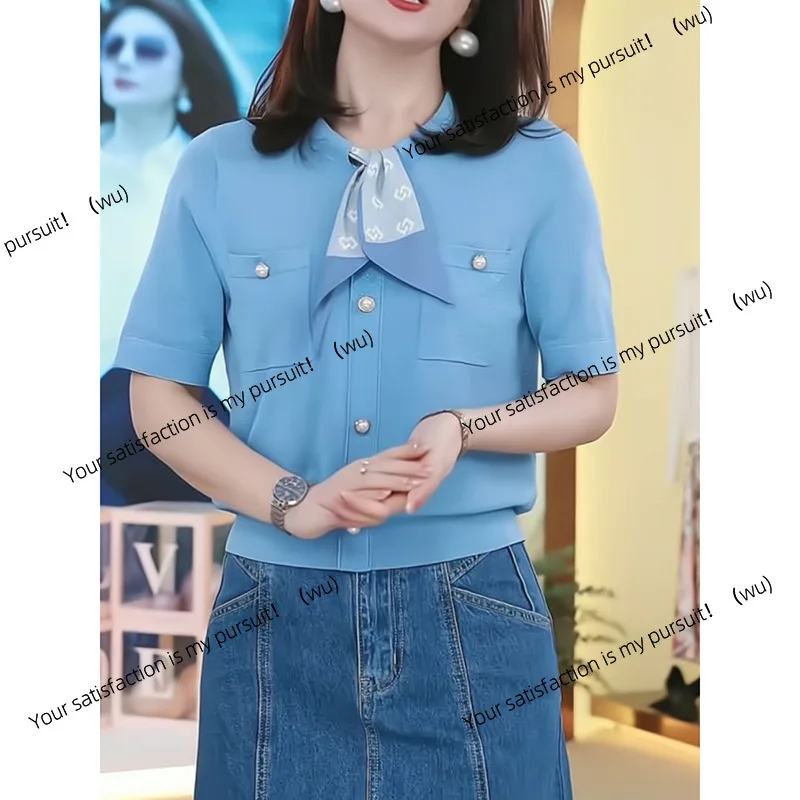 Atasan rajutan sutra Xiaoxiangfeng musim panas, tipis dan sejuk, awet muda, lengan pendek warna biru es untuk wanita