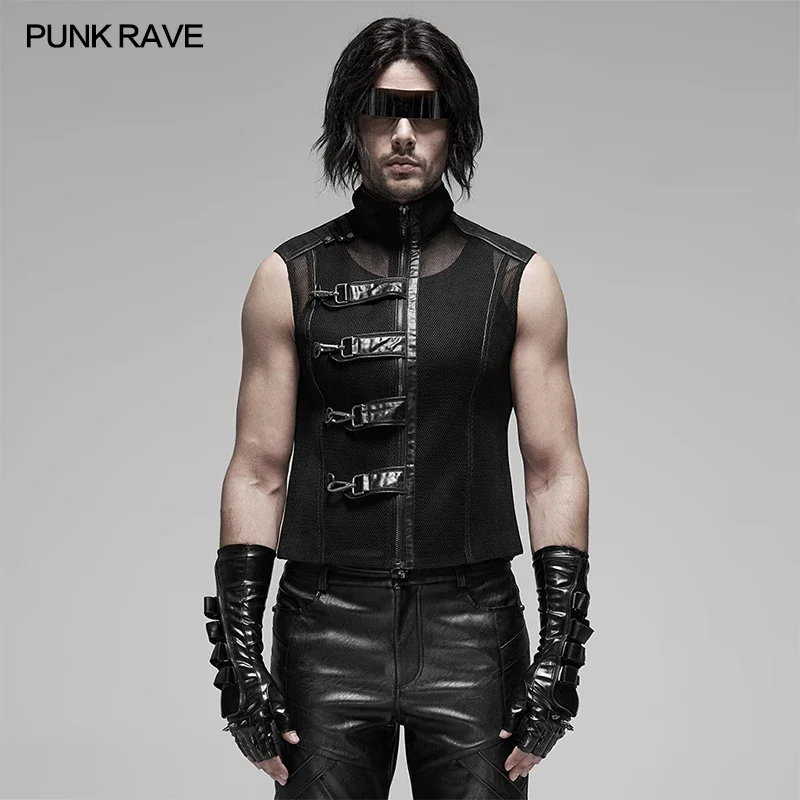 PUNK RAVE Men\'s Punk See-through Sleeveless Slim Fit Mesh Vest  Metal Zipper Personality Casual Waistcoat Mens Vests