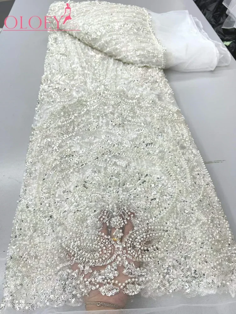 OLOEY African Beaded Lace Fabric  High-Quality Nigerian Tulle Mesh Sequined Lace Fabric Suitable for Sewing Women's Garments