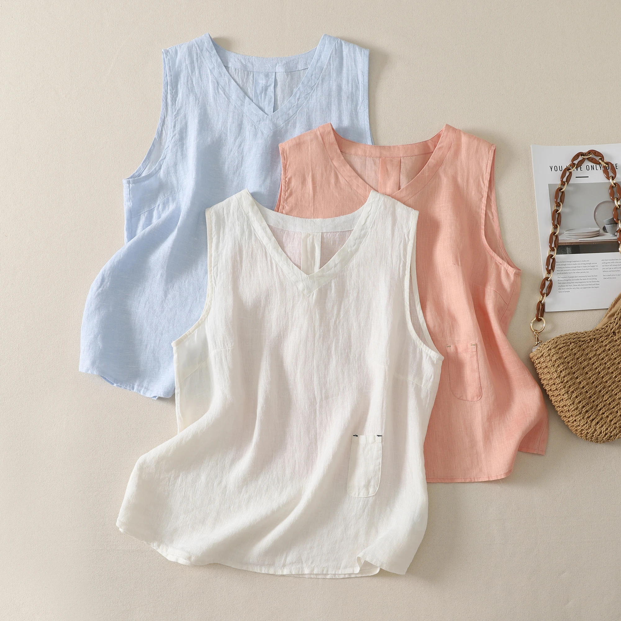 

High-End Women's Cotton Linen Vest Bottom Shirt Sleeveless V-Neck Summer New Style Fashionable Commute Loose Fit T-Shirt
