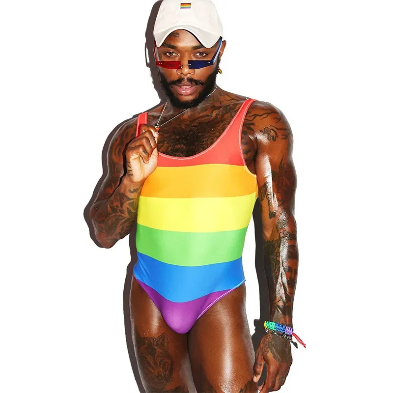 Men's Bodysuit Sexy Nightclub Rainbow Printed Thong Fitness Jumpsuit for Men