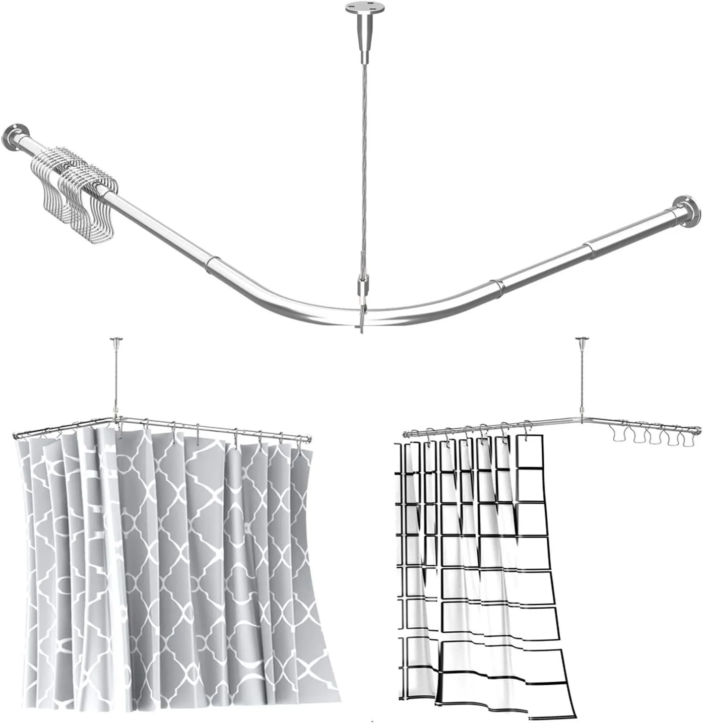 

Adjustable L-Shaped Shower Curtain Rod - 304 Stainless Steel with Ceiling Suppor