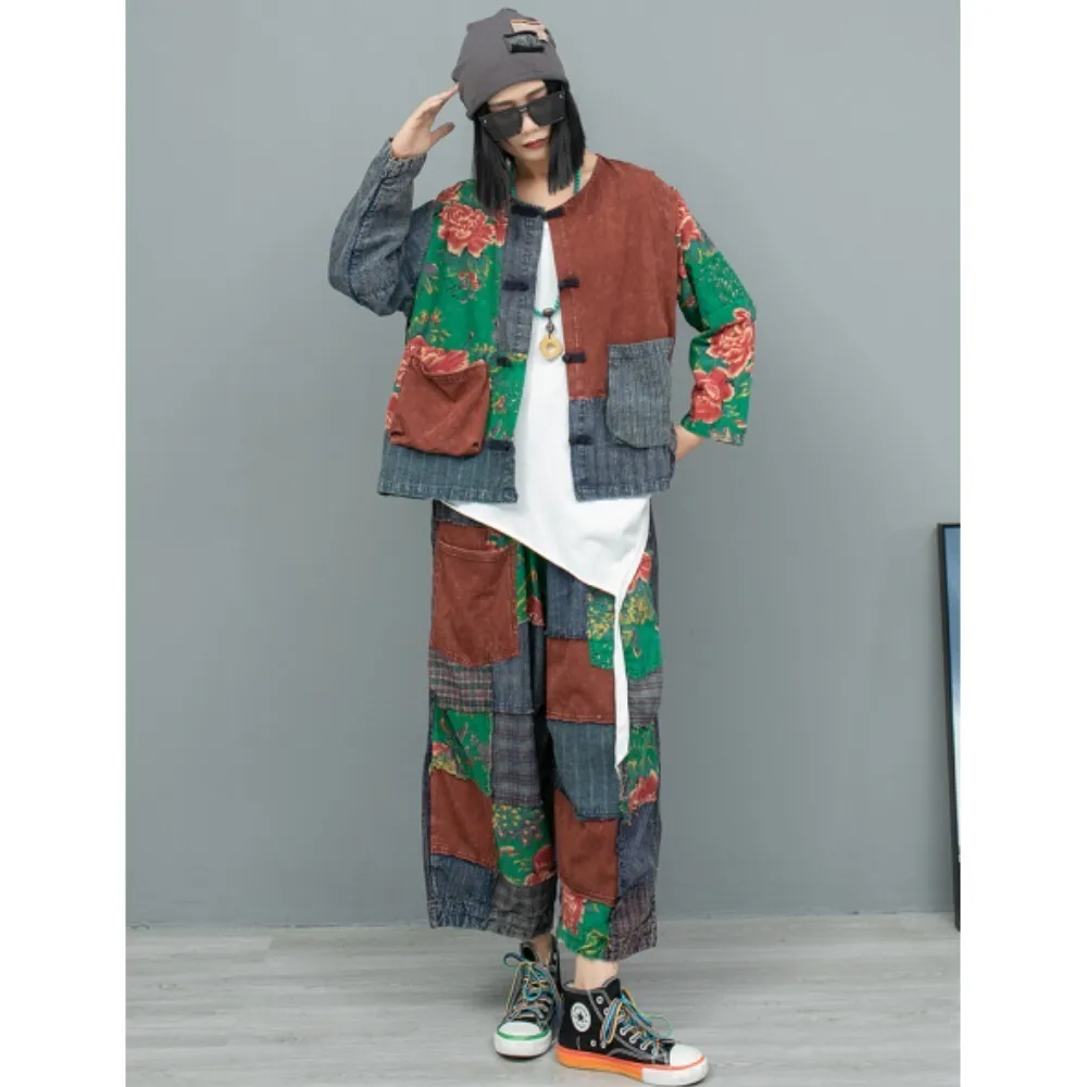 

Old Fabric Patchwork Pant Set Printed Hooded Cardigan Buttoned Jacket + Casual Pant Two-piece Set Women 2024 Autumn ZF282