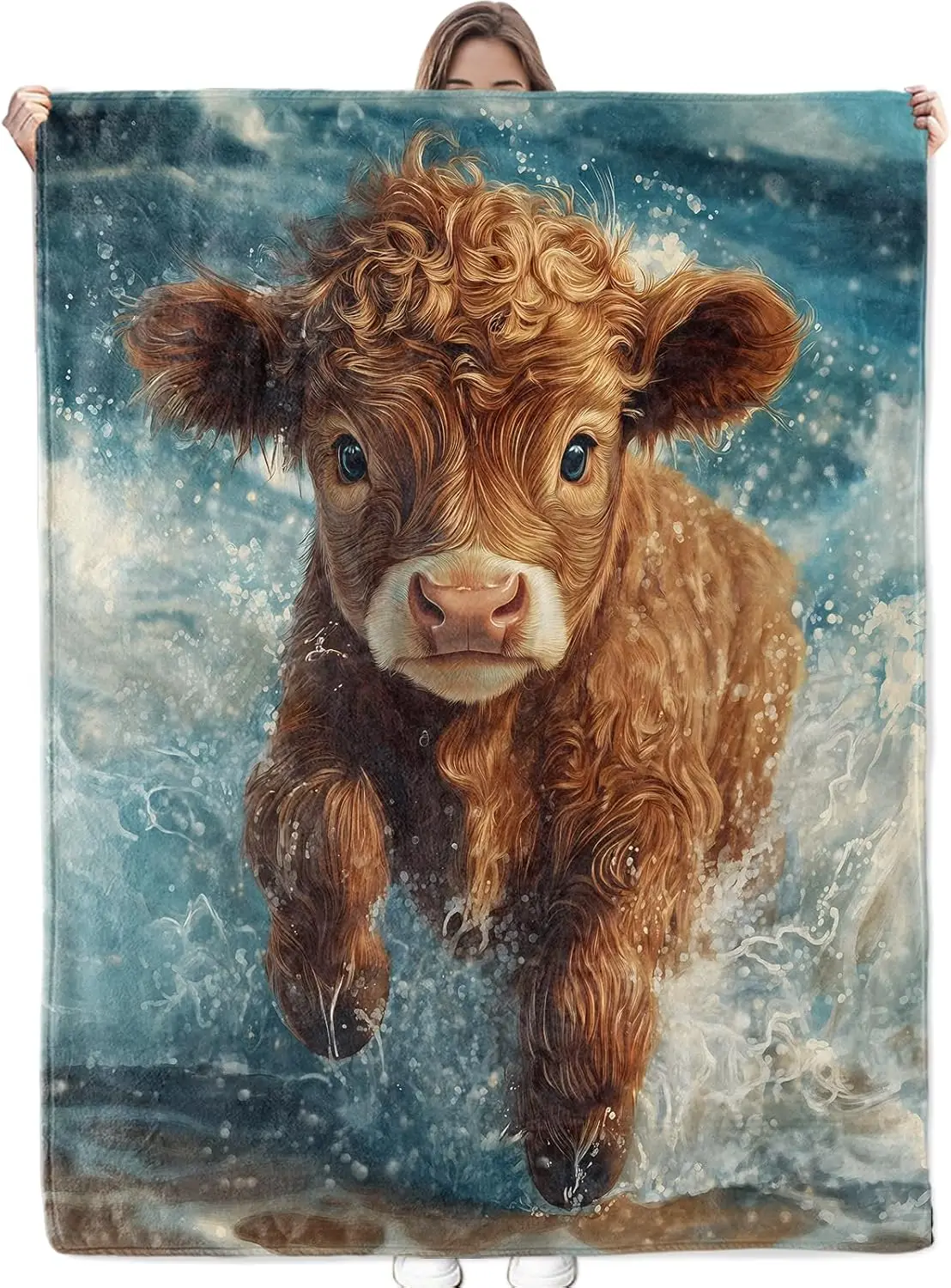 Cute Highland Cow in Water Blanket - Ultra Soft & Cozy Flannel Throw Blankets, Warm, Fuzzy & Lightweight - Perfect for Couch
