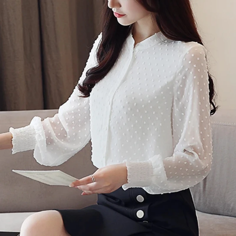 Fashion Women Blouses Spring Long Sleeve White Shirts Office Lady Elegant Tops Chiffon Clothing