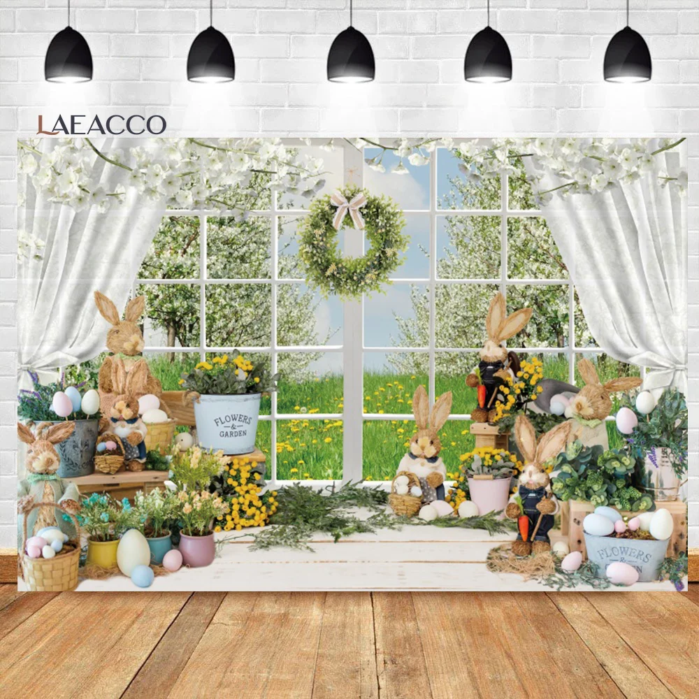 Laeacco Spring Garden Backdrop Cute Rabbit Eggs Flowers Newborn Kids Birthday Easter Portrait Customized Photography Background