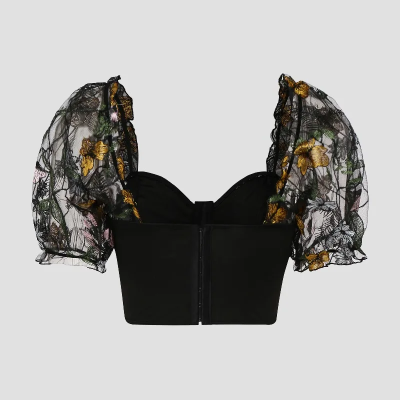 Sexy Women's Cropped Blouse 2025 Hot Girl Sheer Mesh Bubble Sleeve Shirt with Embroidery Buttons Top for Outside