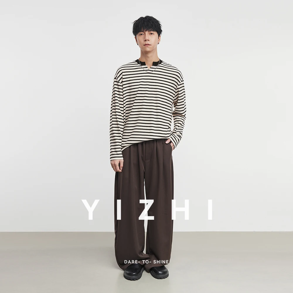 Fashion Men's American Small V-Neck Striped Long Sleeve T-Shirt 2025 Autumn Winter New Base Shirt Long Sleeve Top Men Pullover