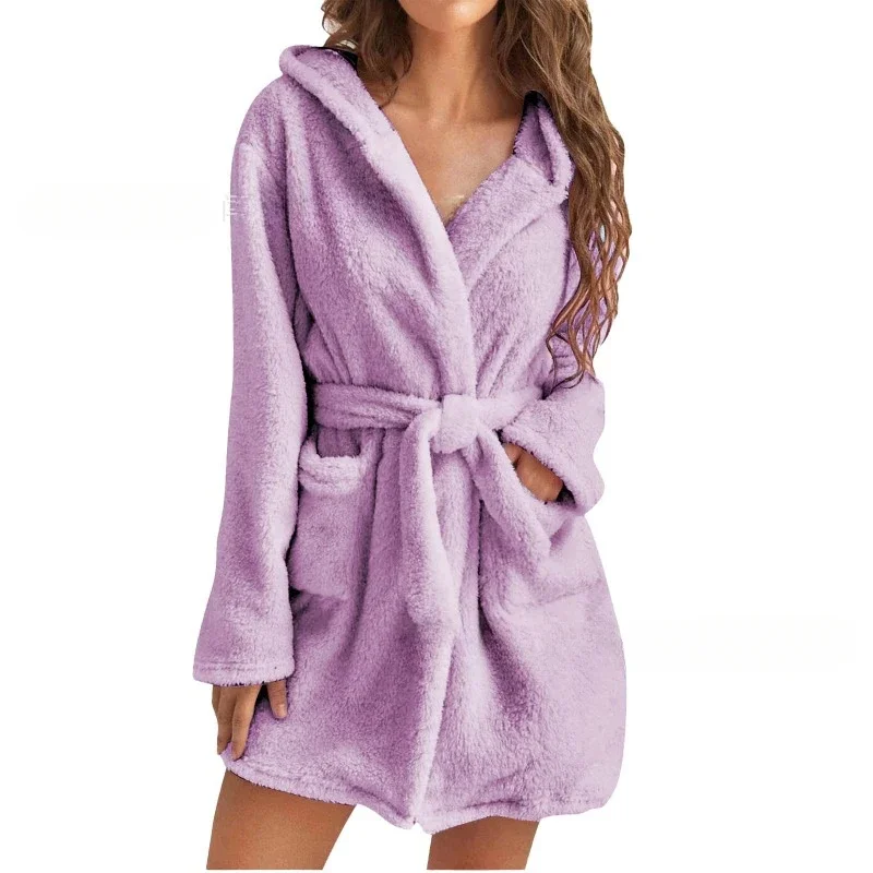 

2024 Winter Flannel Warm Women's Robes Thick Bathrobe Hooded Women Homewear Clothes Plush Pajamas Sleepwear Nightgown Autumn