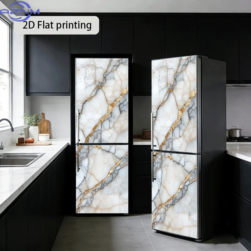 2D Flat Printing 1pc 2D Pattern Printed Kitchen Refrigerator Sticker 23.62x70.87inch Flowing Golden Marble Pattern Themed Kitc