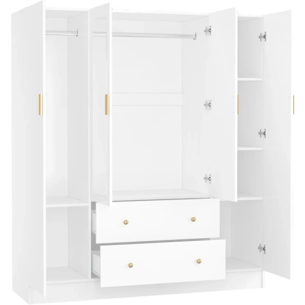 Bedroom Armoires Wardrobe Closet with 4 Doors 2 Drawers and Mirror, Large Shelves Hanging Rods for Bedroom