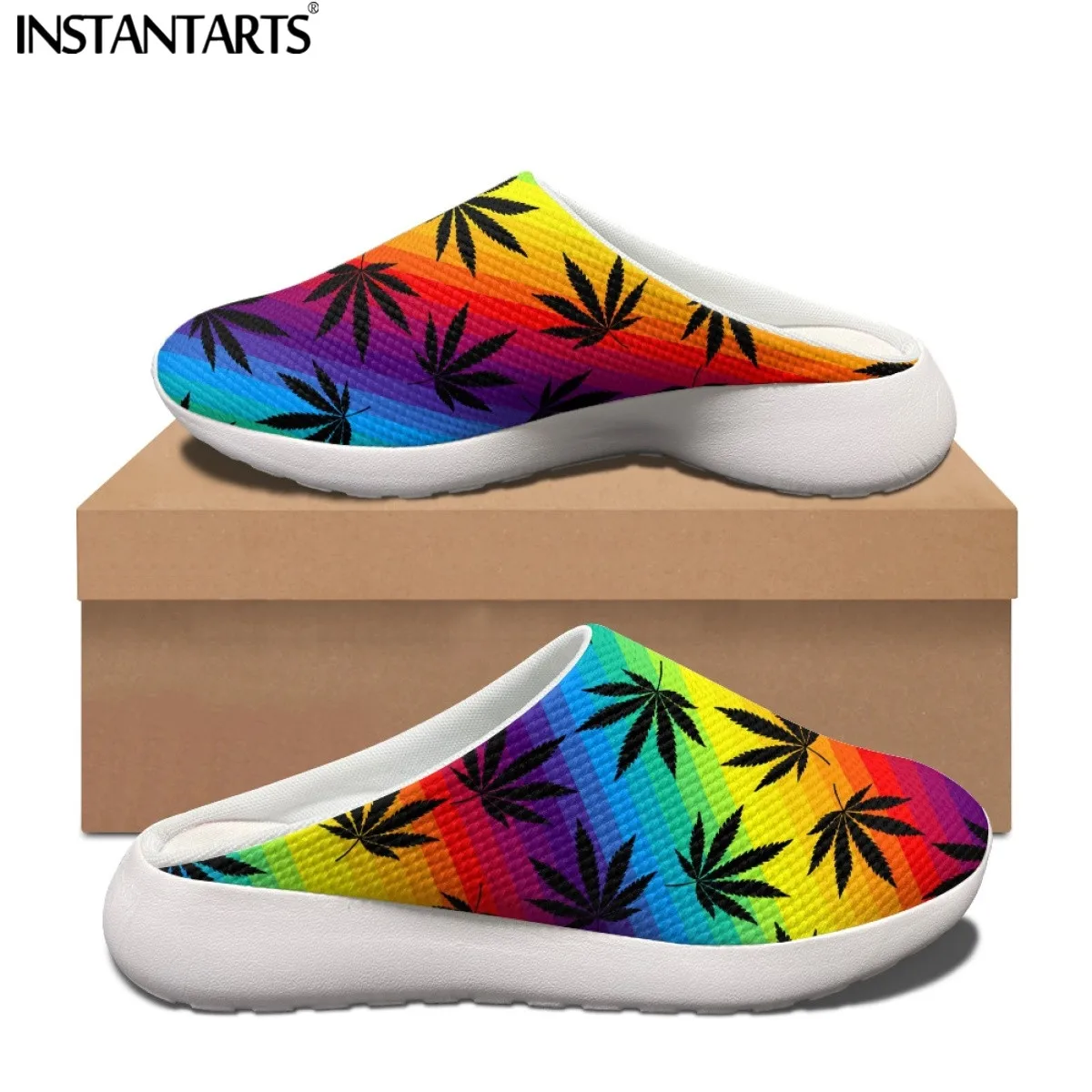 INSTANTARTS Sandals Women 2022 Gradient Reggae Leaves Pattern Flats Sneakers White Sole Comfortable Home Beach Sandales Femmes