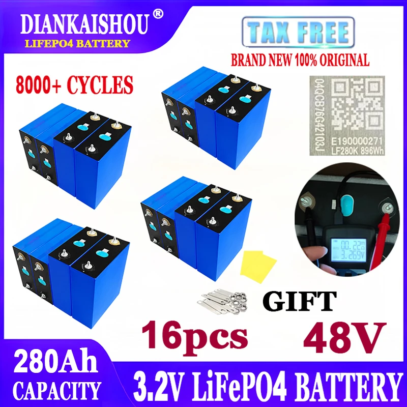 16PCS 280Ah 8000 cycle Lifepo4 Battery Grade A 3.2V Lithium iron phosphate Rechargeable Cell For DIY 12V24V 48V RV Solar Camping