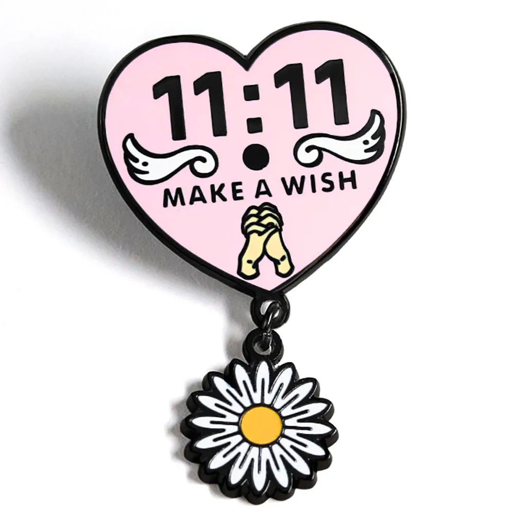 “11:11 Make A Wish” Brooch Angel Number Daisy Wishing Enamel Pin Girl Daisy Pendant Metal Badge Good Luck Collection Lapel Pin