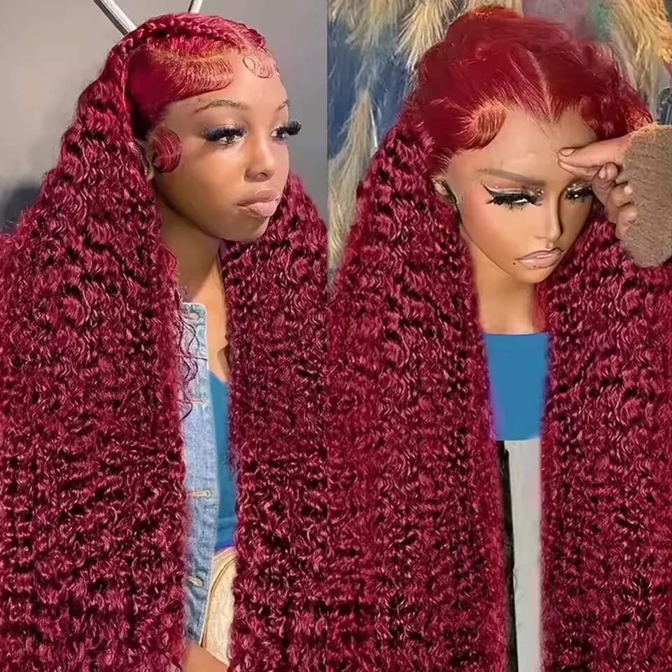 

13x6 HD прозрачный кружевной фронтальный парик плотность 200 99J бордовый глубокая волна цветные человеческие волосы парики для женщин