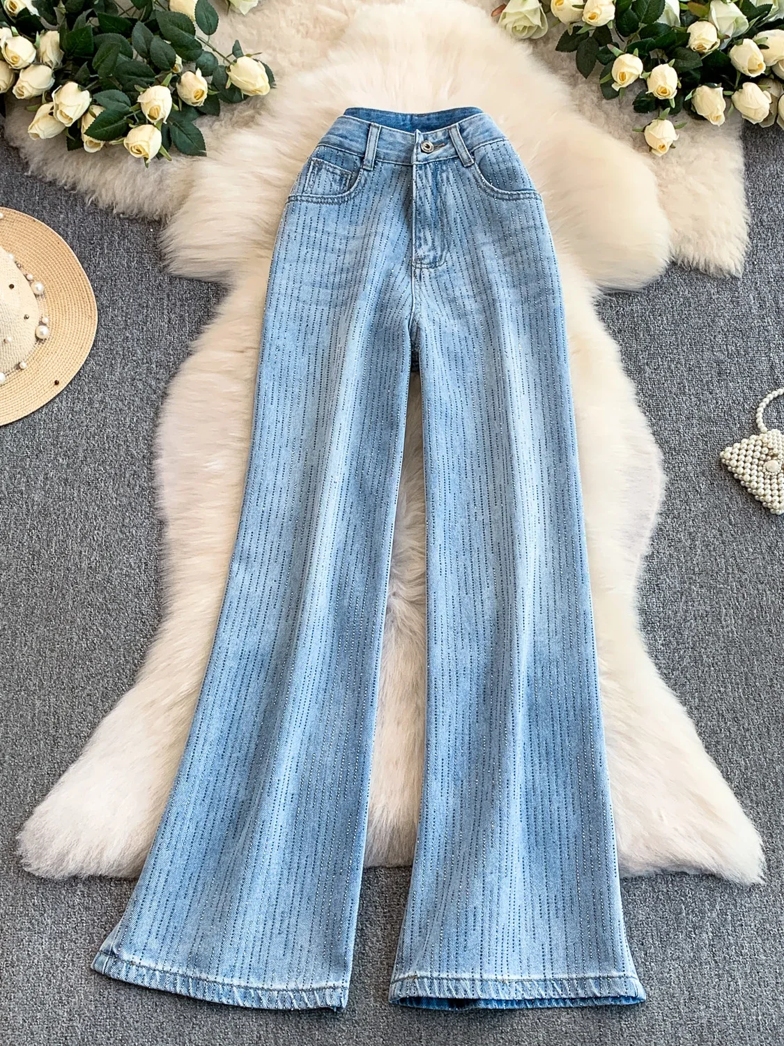 

Retro American Loose Casual Denim Wide Leg Pants Women's Autumn Winter Faion Star Rhinestone Straight Leg Pants Trendy