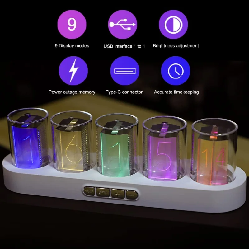 Cyberpunk Style Table Nixie Tube Clock RGB Glow Tube Clock Walnut Wood Base LED Electronic Digital Alarm Lamp Clock Timer Gift