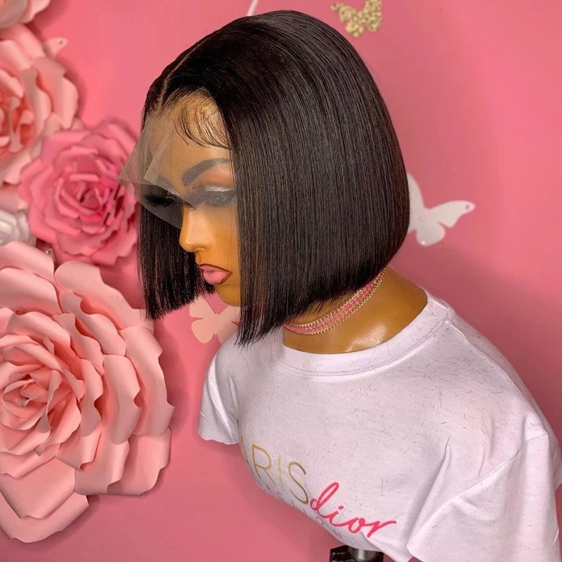 20 pulgadas 180 densidad Bob corto recto suave Natural negro sin pegamento peluca con malla frontal profunda para mujeres con pelo de bebé prearrancado diario