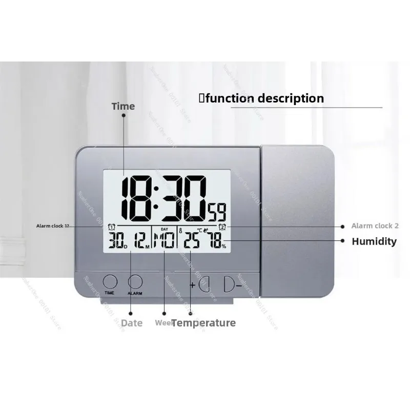 Silver Alarm Clock 3531 USB Rechargeable with Time and Temperature Projection LCD Screen for Bedroom