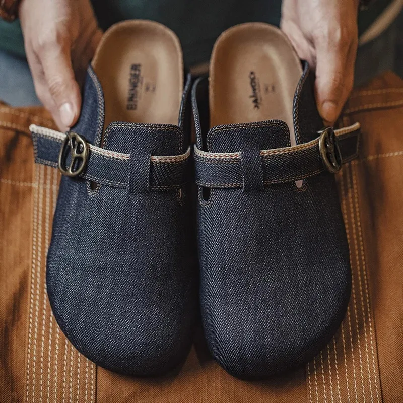 

Vintage Summer Denim Men Mules Men's Shoes Cork Slip-On Casual Shoes for Men Outdoor Home Slippers Blue Shoes Man