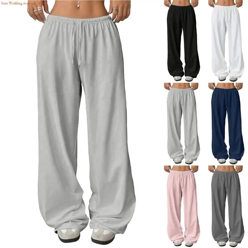

G92D Women's drawstring waist straight leg street long wide-leg pants casual loose sports pants