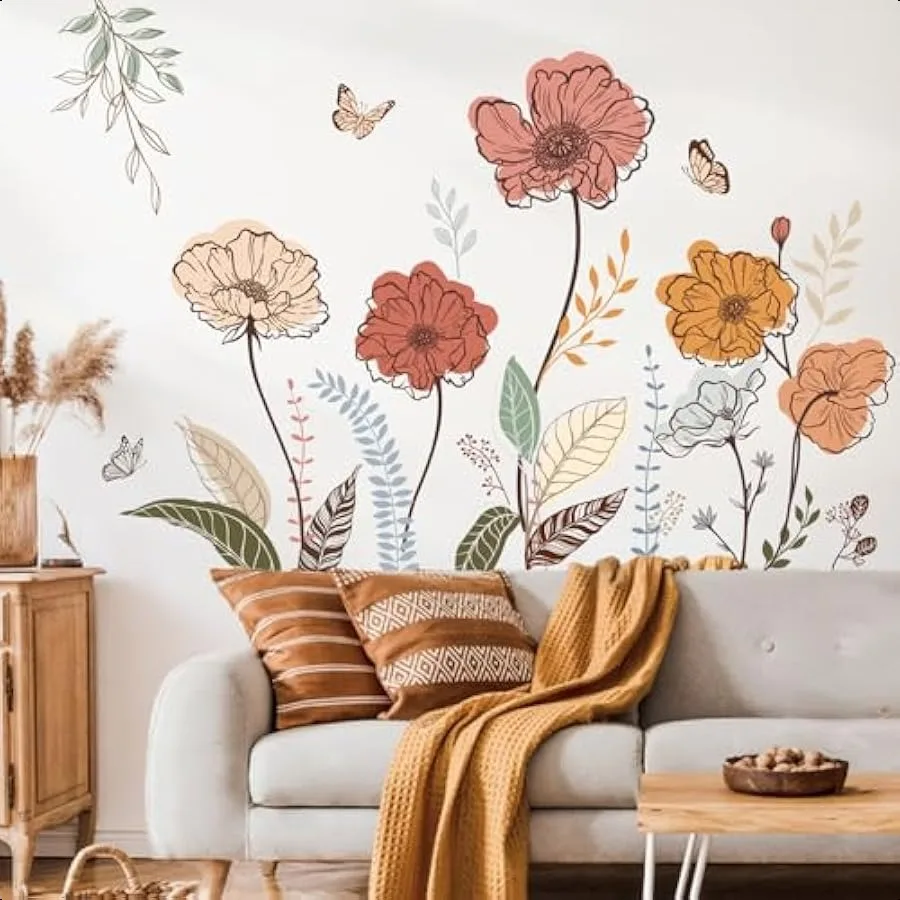 

Boho Flower Wall Stickers Wildflower Floral Grass Peel and Stick Wall Art Decals for Living Room Bedroom TV Wall
