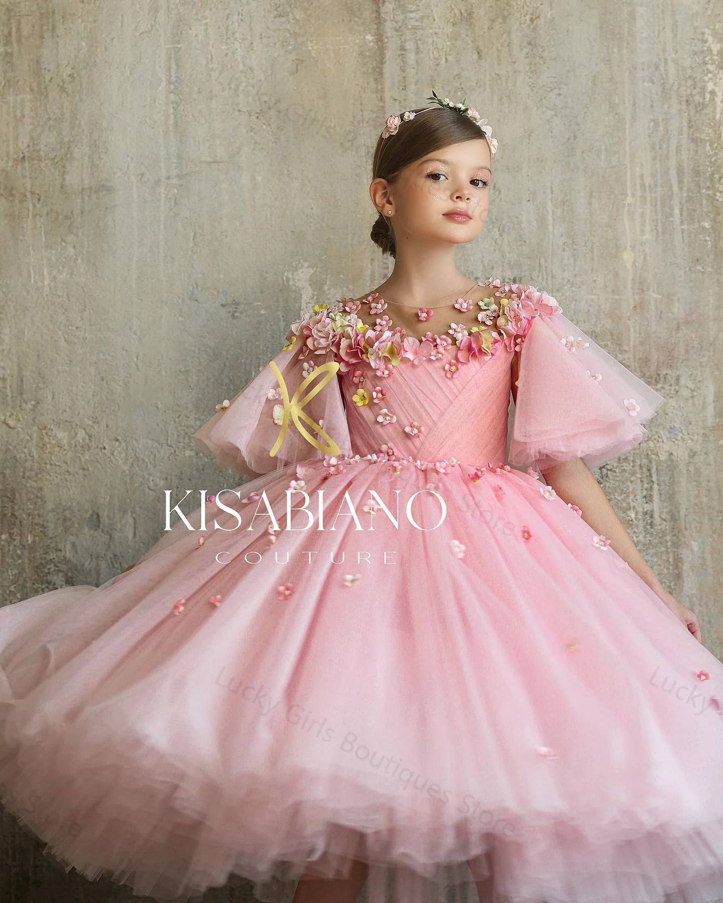 Luxurious Pink Flower Girl Dresses Floral Appliques Children Birthday Gowns Ruffles Tea Length Girls Photography Dresses