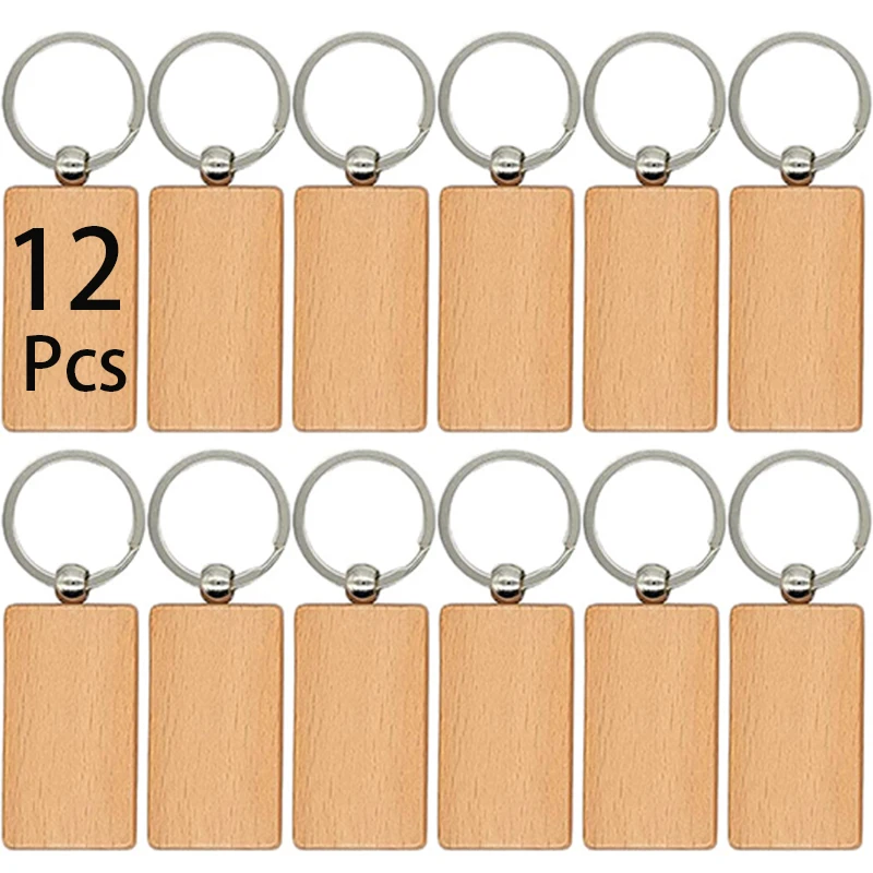 

12Pcs Rectangular Wooden Keychain DIY Key Ring Crafts Unfinished Wood Tags to Paint Key Rings Tags Craft Supplies