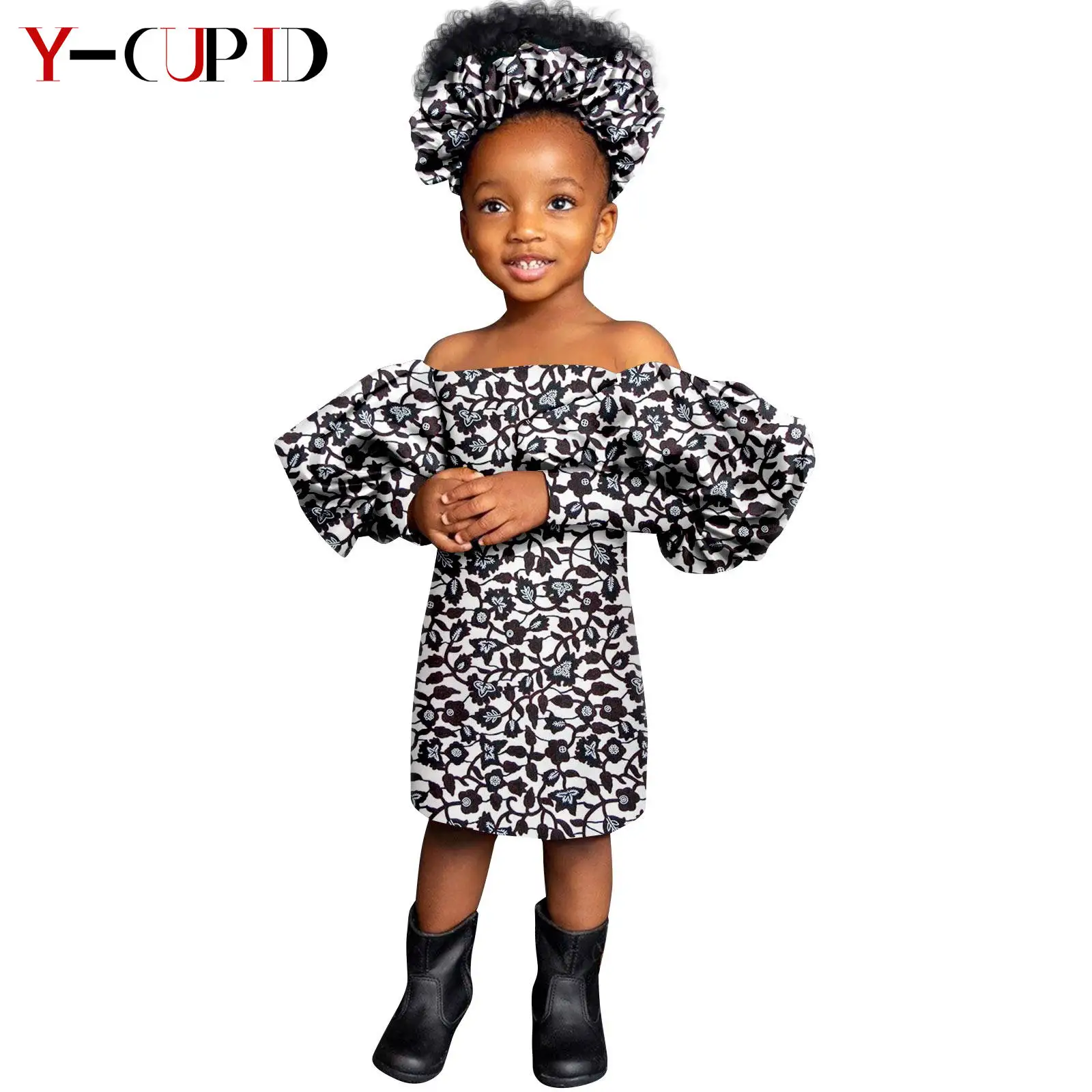 African Clothes for Girls Print Knee-length Dresses with Headtie Dashiki Kids Children Lantern Sleeve Outfits Vestido 2445004