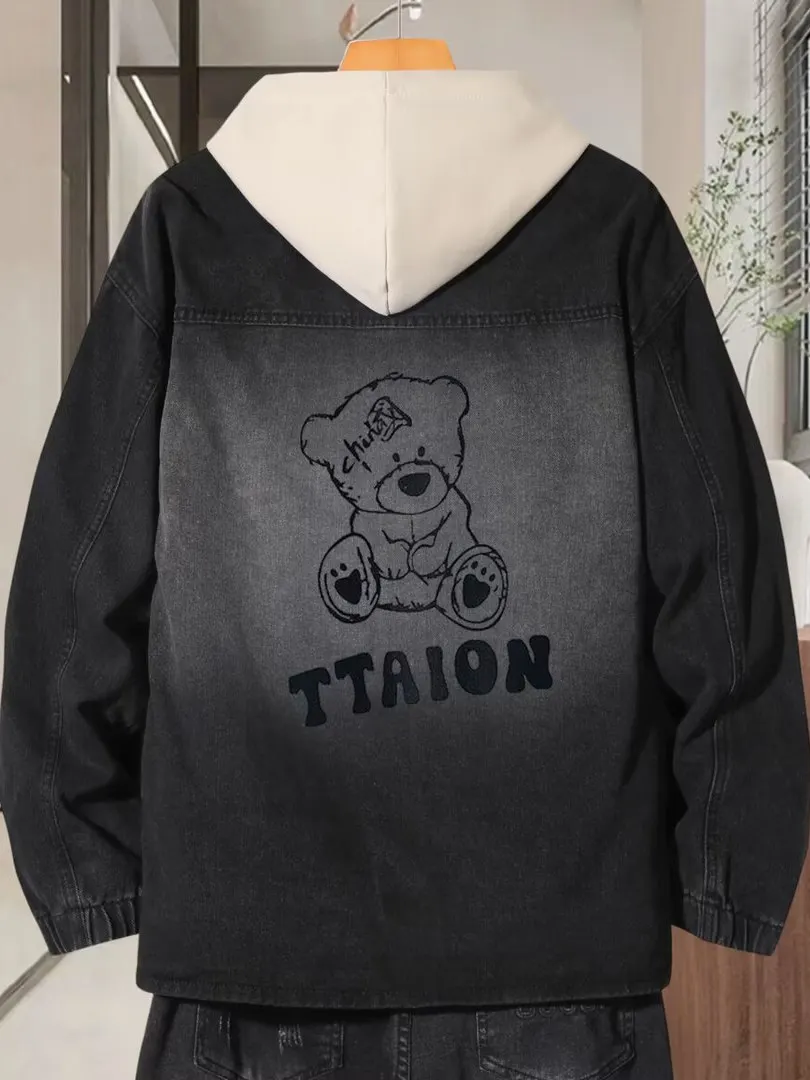 

Повседневная джинсовая куртка с капюшоном для мужчин, модная брендовая куртка свободного покроя с мультяшным принтом, износостойкая смесь хлопка и полиэстера