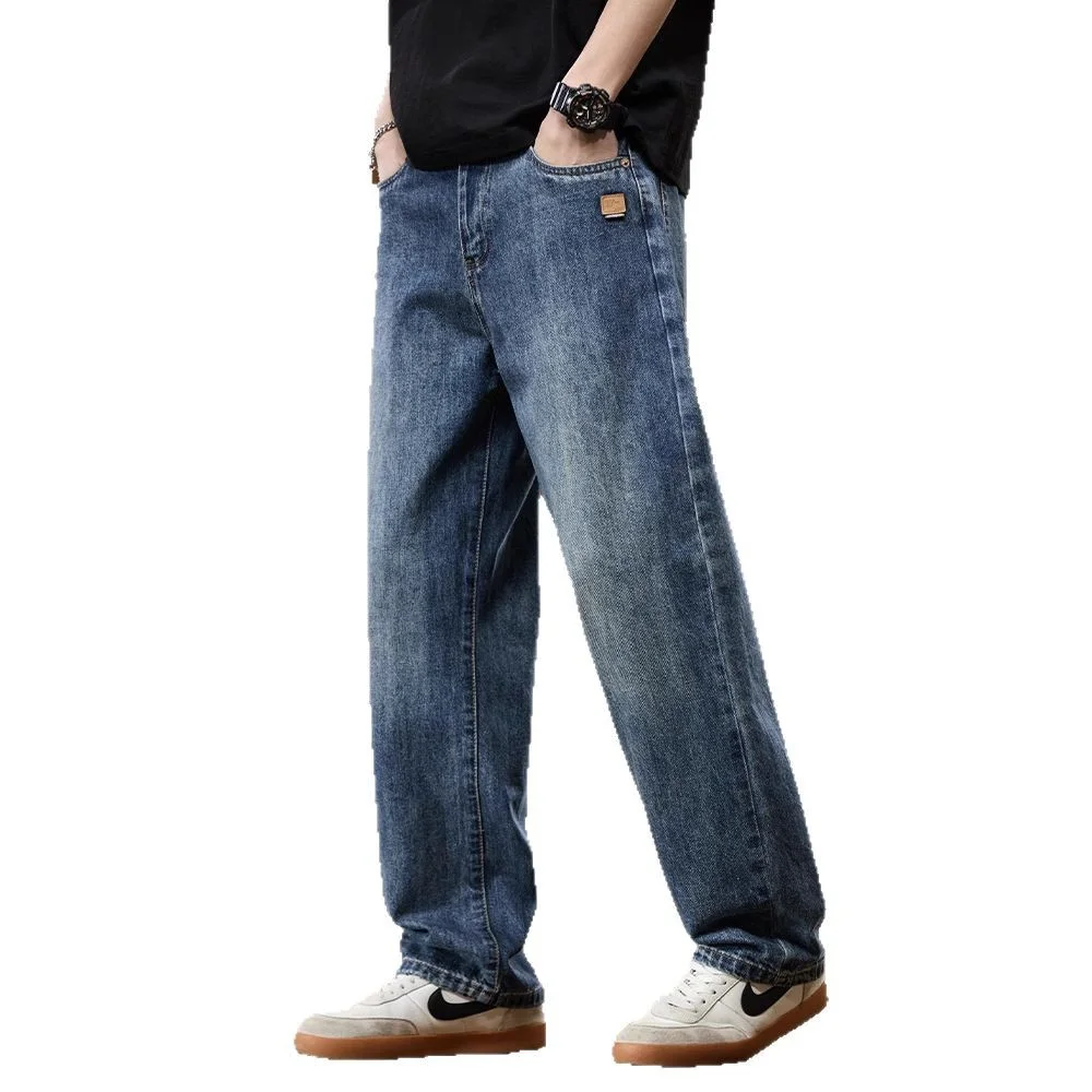 New Men's Loose Straight-leg Vintage Denim Pants for Spring 2025, American Style Fashion Wear-resistant Wide-leg Baggy Jeans