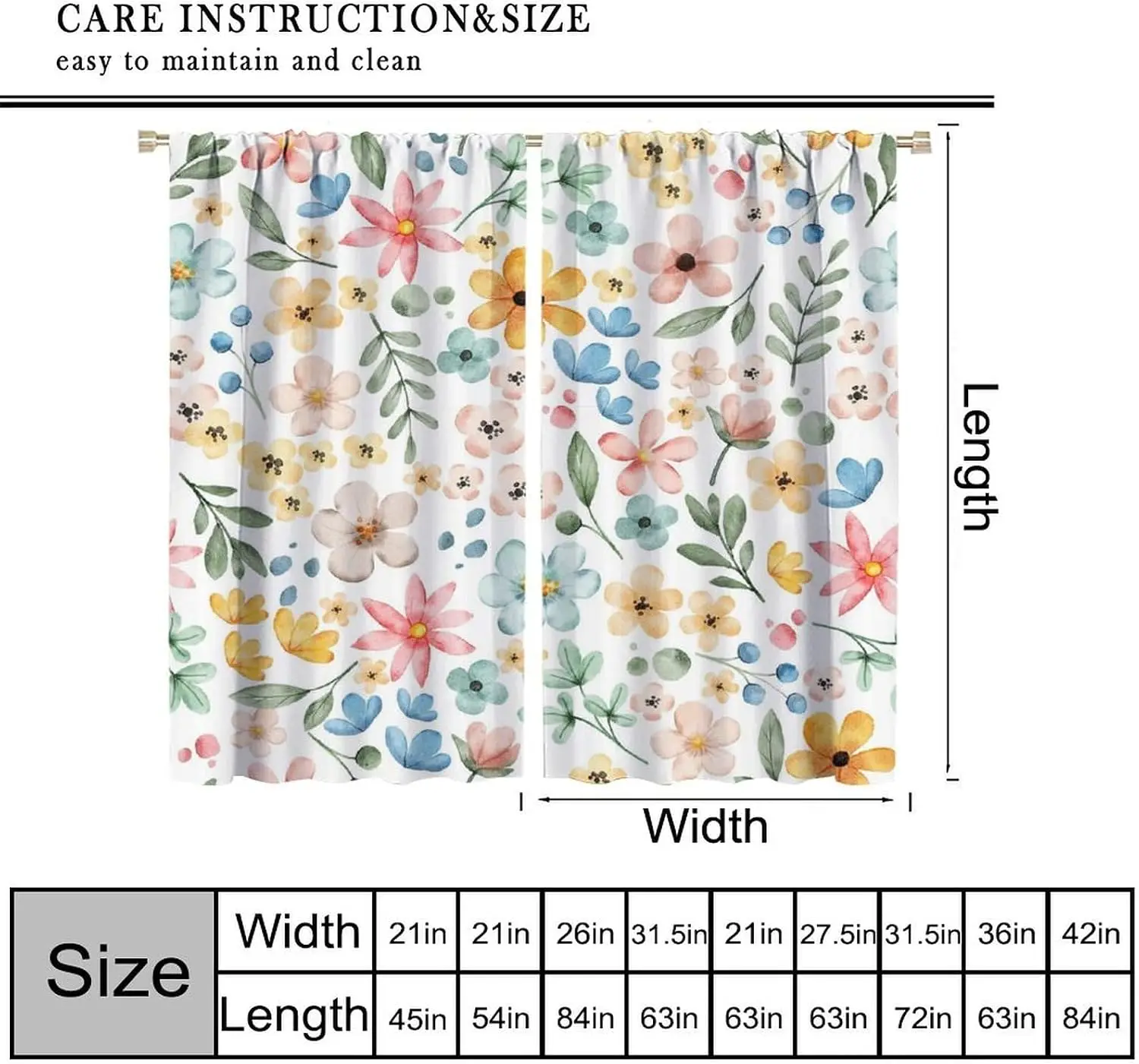 Watercolor Floral Print Curtain Pair 2pcs Set Decorative Window Curtains for Bedroom Living Room Home Decor Drapes Spring Bloom