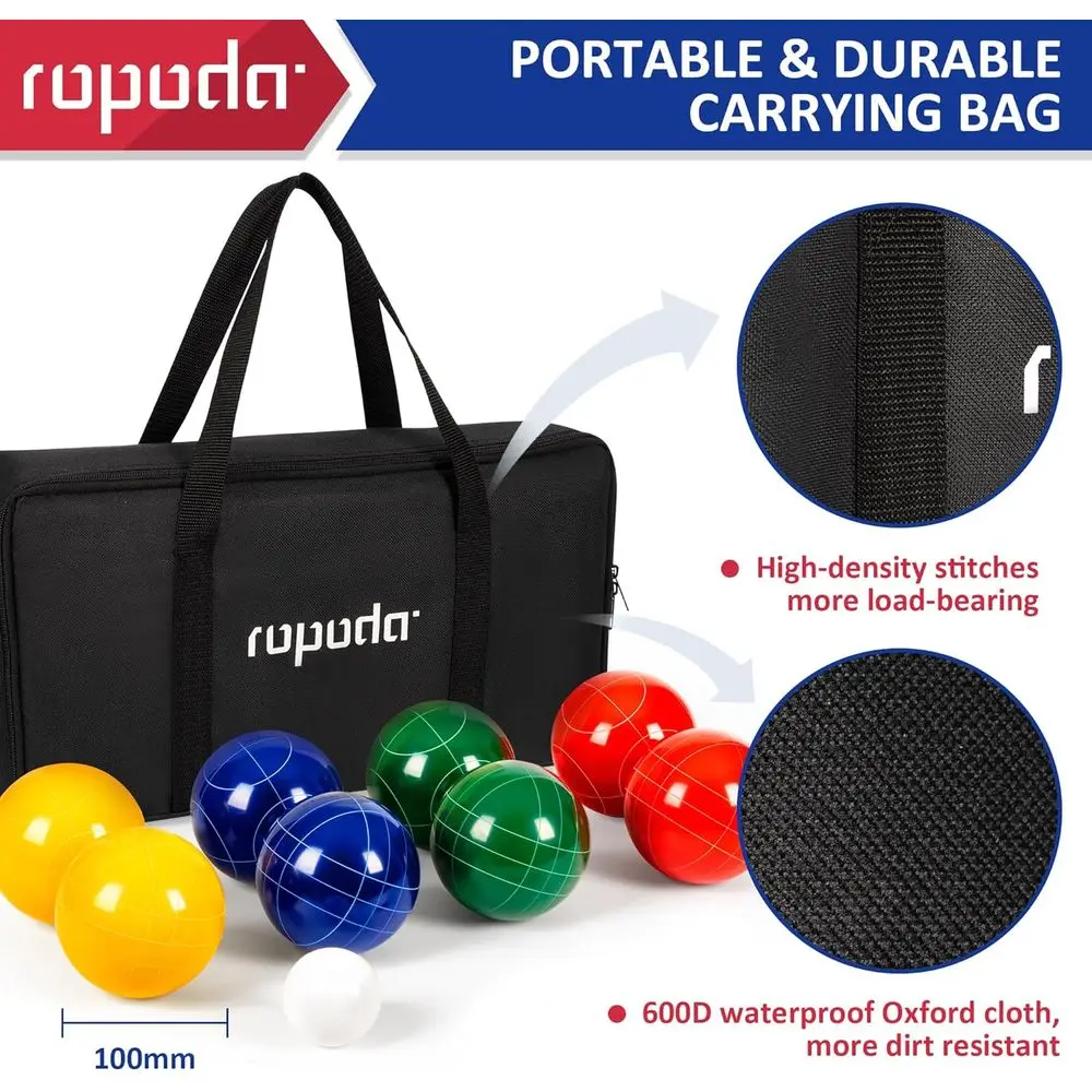 Zestaw do bocce ropoda 100 mm, rozmiar i waga oficjalne, z 8 kulami bocce z żywicy, pallino 50 mm, torba do przenoszenia, sznur pomiarowy, ba