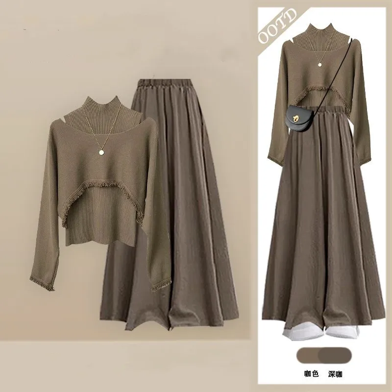 

2026 женский весенне-осенний новый шикарный вязаный свитер, халат + жилет + свободная юбка, брюки, костюм из 3 предметов, корейский элегантный спортивный костюм, одинаковый комплект