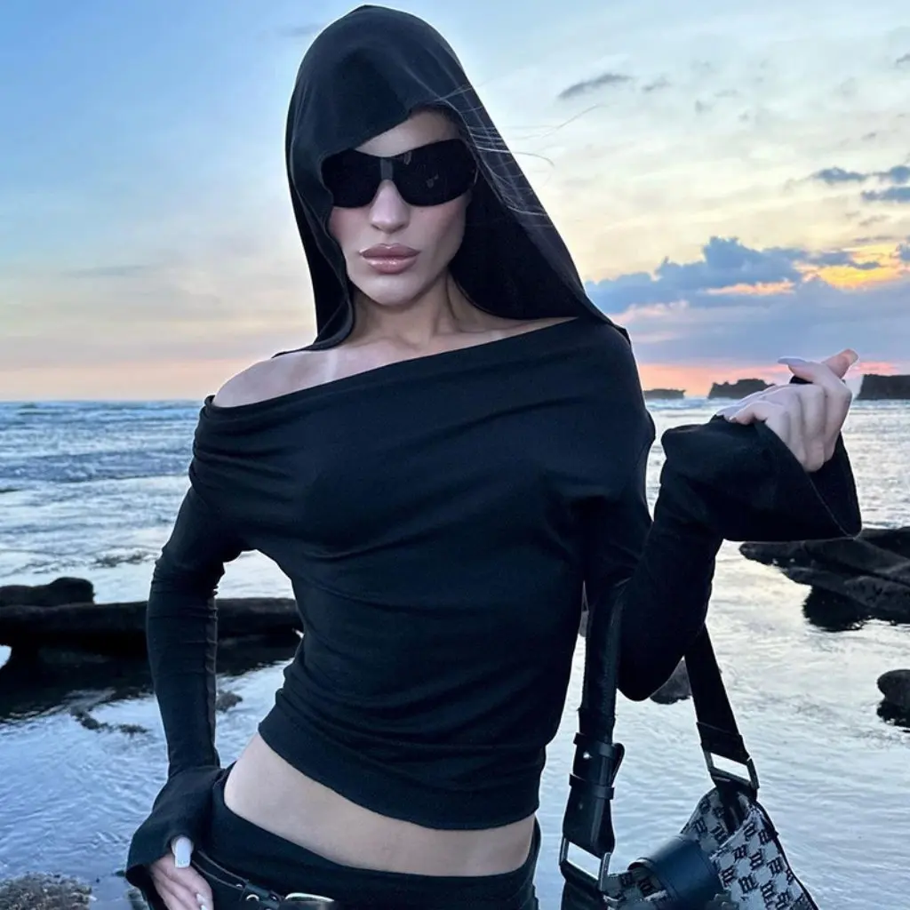 

YD278 Women's Elegant Hooded Long T-Shirt European American Urban Basic Style Solid Color Two-Way Swing Collar Stretch Top