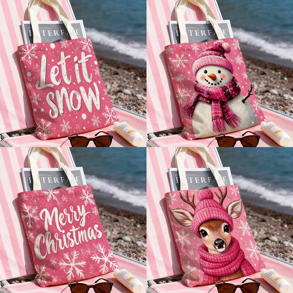 Pink Christmas Quote Storage Bags Storage Bags Canvas Tote Bag Large Capacity Shoulder Fashion Eco Shopping Handbag