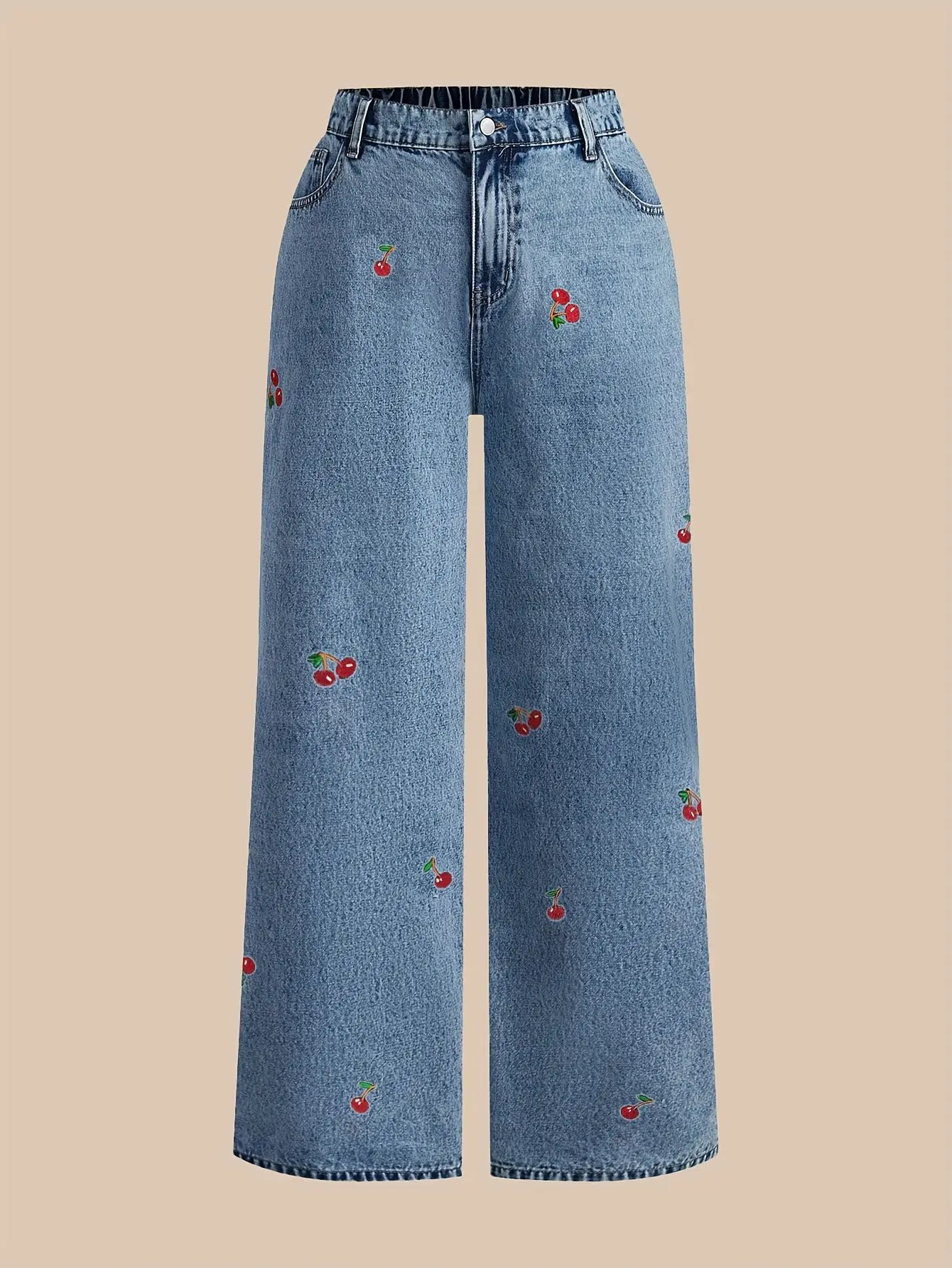 

Women's Vintage Washed Grey Slim Fit Jeans with Red Flower Embroidery Elastic Casual Loose Trousers