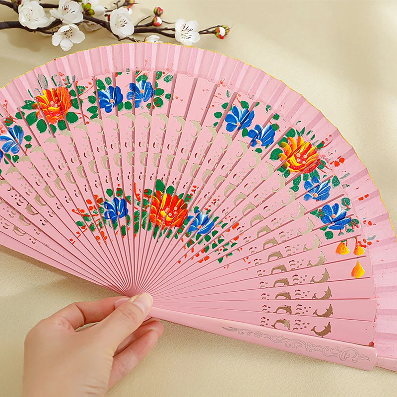 Chinese Style Folding Fan Hollow Double-sided Craft Gift Dancing Printing Wood Spanish Hand Fan Party Supplies
