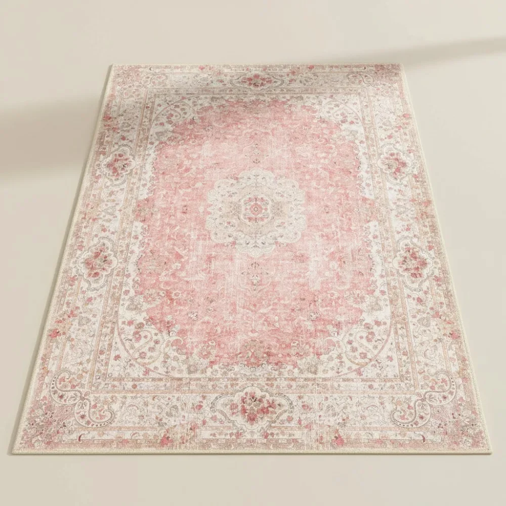 

Pink Washable 3x5 Area Rug, Non-Slip Boho Vintage Carpet for Bedroom Living Room Kitchen Entryway