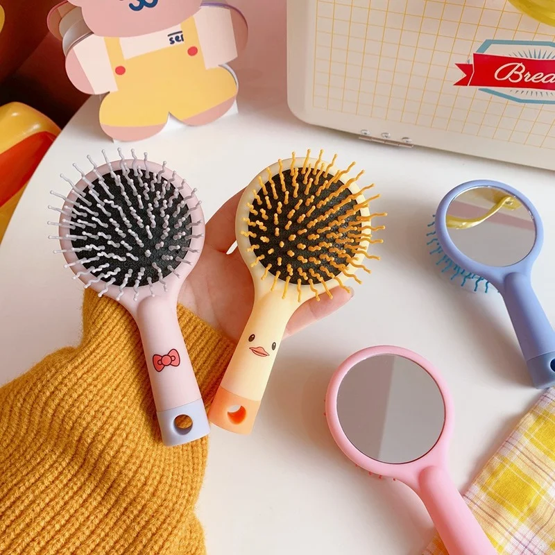 

Cartoon Cute Anti Static Comb Mini Small Portable Plastic Air Cushion Head Massage Comb Hair Brush With Makeup Mirror Handle