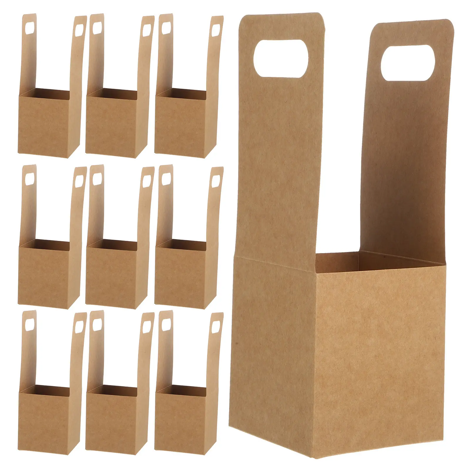 10Pcs Portable Drink Carrier Kraft Paperboard Cup Holder Single Hot Cold Drink Carrier Disposable Handle Takeout