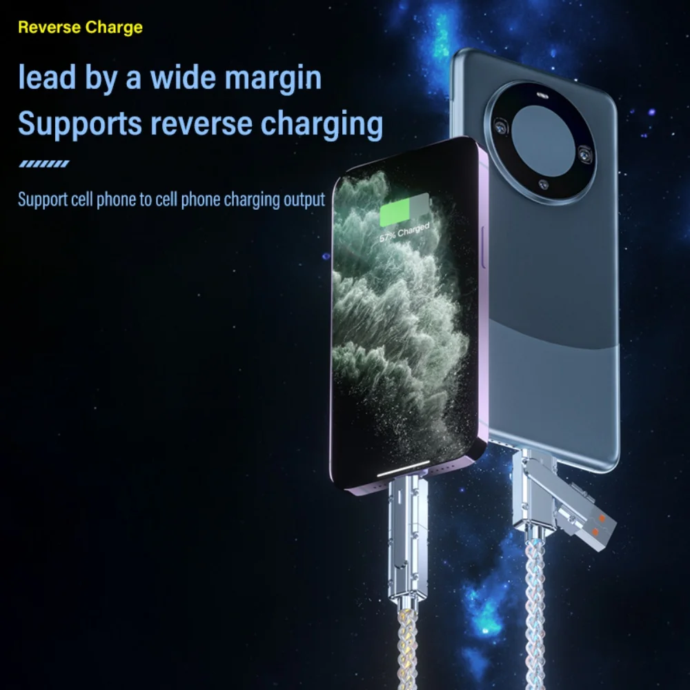 كابل بيانات 4 في 1 خفيف متعدد الوظائف PD كابل شحن RGB مصباح التنفس 66 وات شحن سريع مناسب لهاتف iPhone Samsung Xiaomi #5