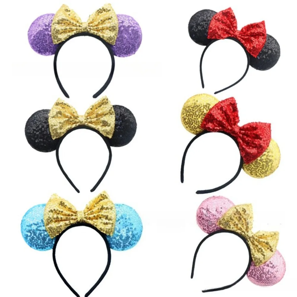 

6pcs Mouse Ears Black Red Bow Headbands Sequin Minnie Ears Headband Glitter Party Princess Decoration Headband