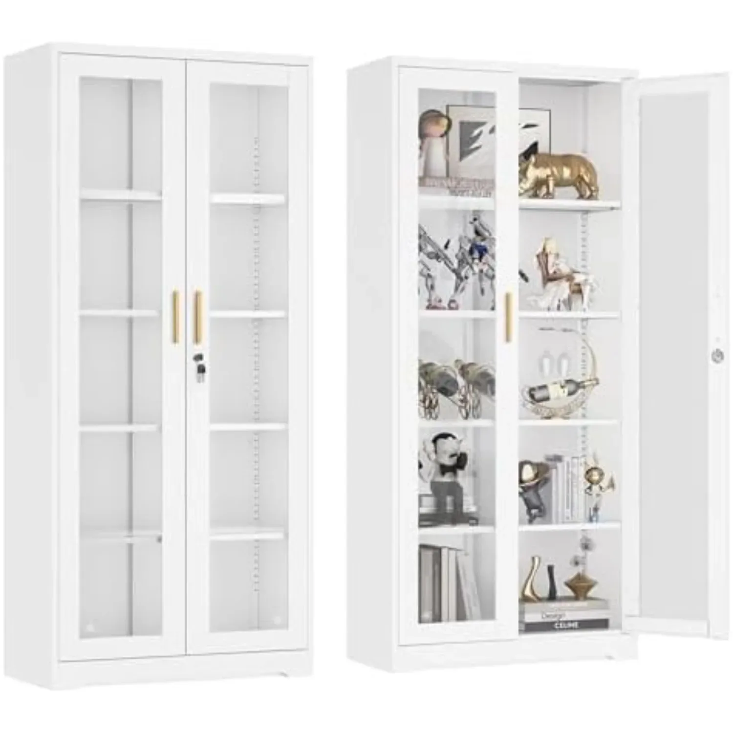 Lockable Display Cabinet with Glass Doors and 4 Adjustable Shelves | Curio Cabinets，Liquor Bookcase Bookshelf with