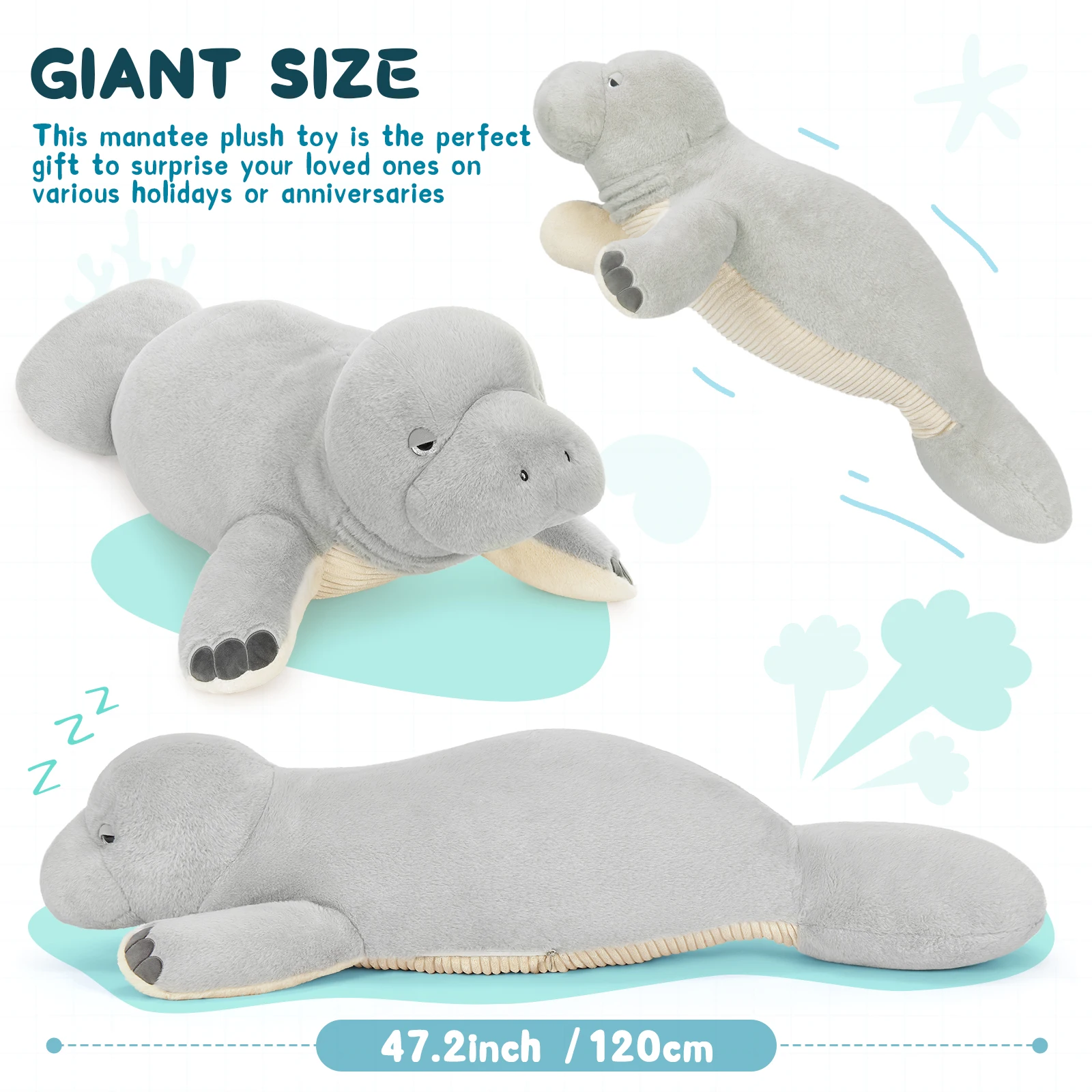 

MorisMos 47-дюймовая плюшевая игрушка-ламантинка, большая ламантинка, мягкая подушка с морскими животными, подарки для детей, рождественская вечеринка по случаю дня рождения