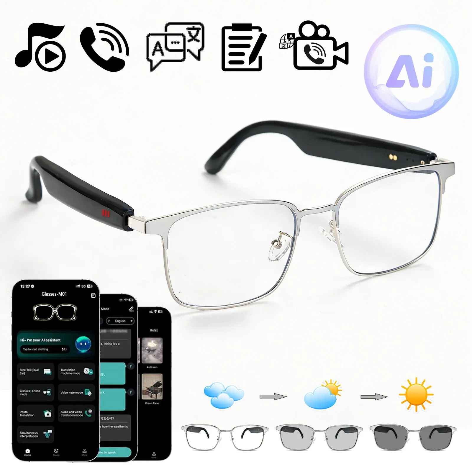 Smart Audio Glasses with Real-Time Translation Hi-Fi Music Playback Noise-Cancelling Voice Calls And Photochromic Lenses