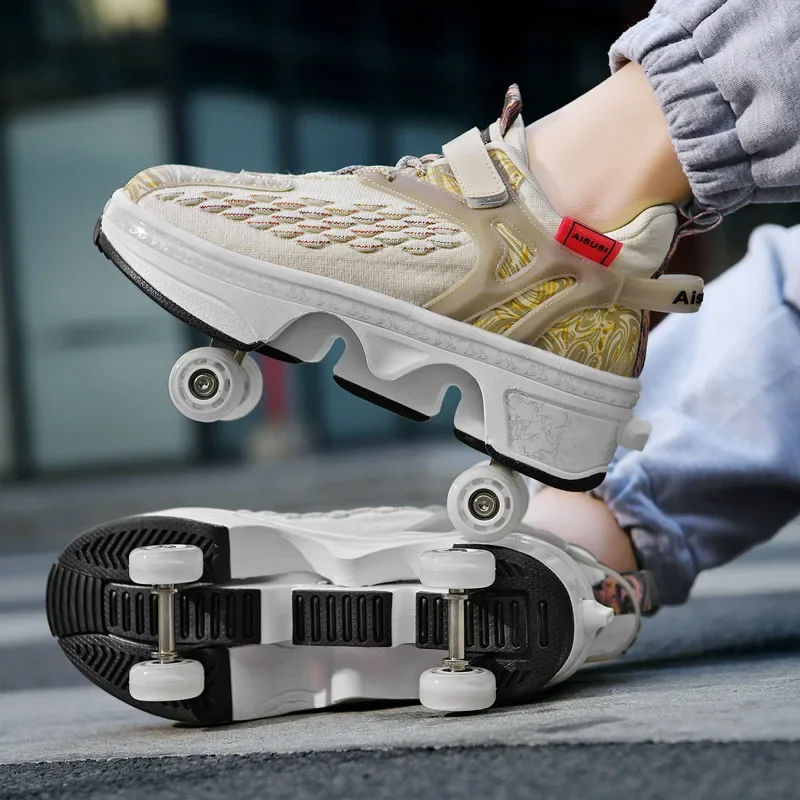 

Pu Leather Four-Wheel Roller Skate Shoes Casual Deformation Parkour Sneakers For Rounds Adult Kids Of Running Sport Shoes