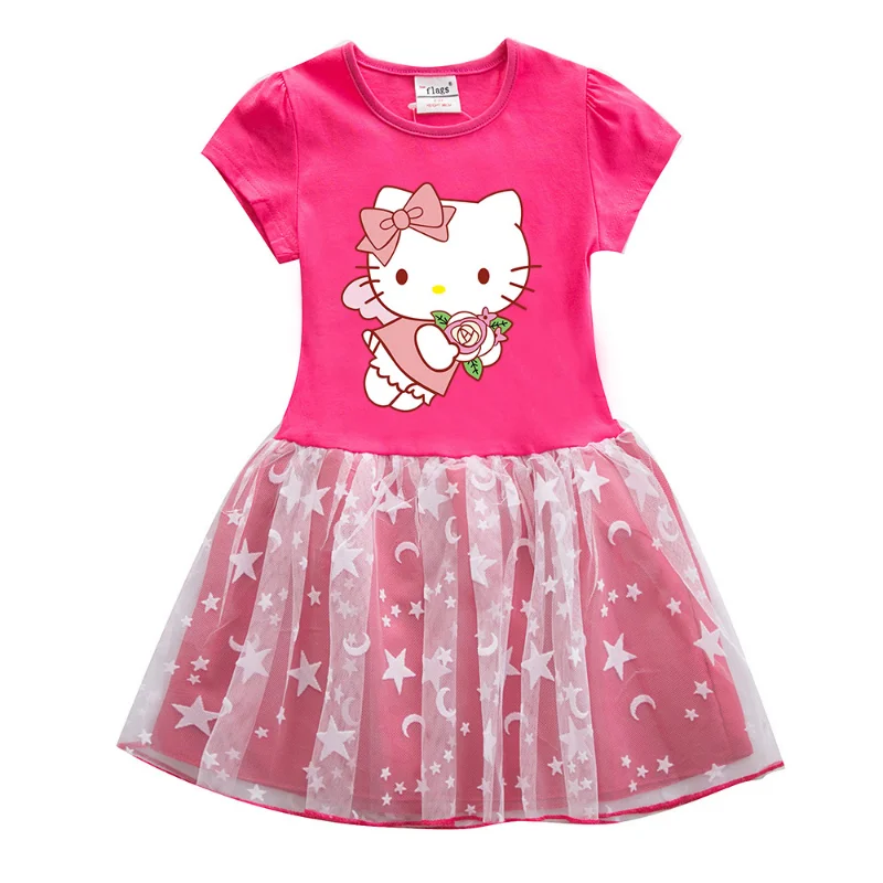 Sanrio 2024 Summer Girls Dress Cotton Cartoon Hello Kitty Splicing Party Princess Dresses For 3-8 Years Girls Birthday Clothes